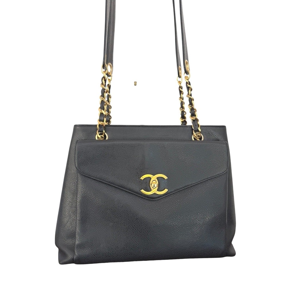 CHANEL Vintage Black Caviar Leather CC Shoulder Tote Bag Gold Hardware - Picture 1 of 15